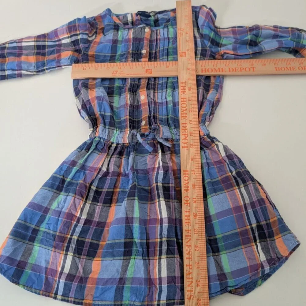 Ralph Lauren Plaid Dress Girls Size 6X Blue Roll Tab Sleeves Long Sleeve Preppy